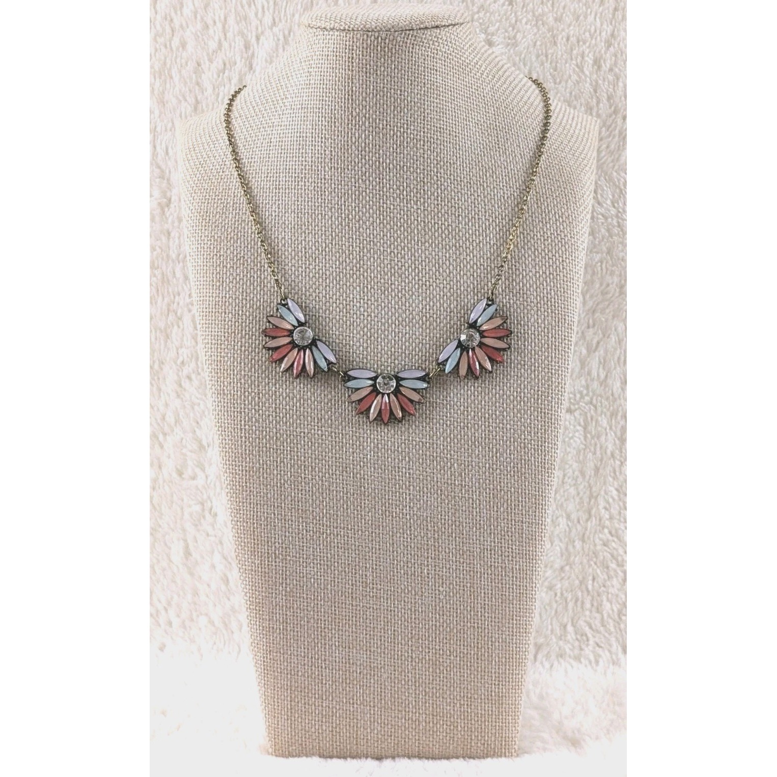 Pastel Enamel Flower Statement Necklace Pink Blue White Petals, Rhinestone...
